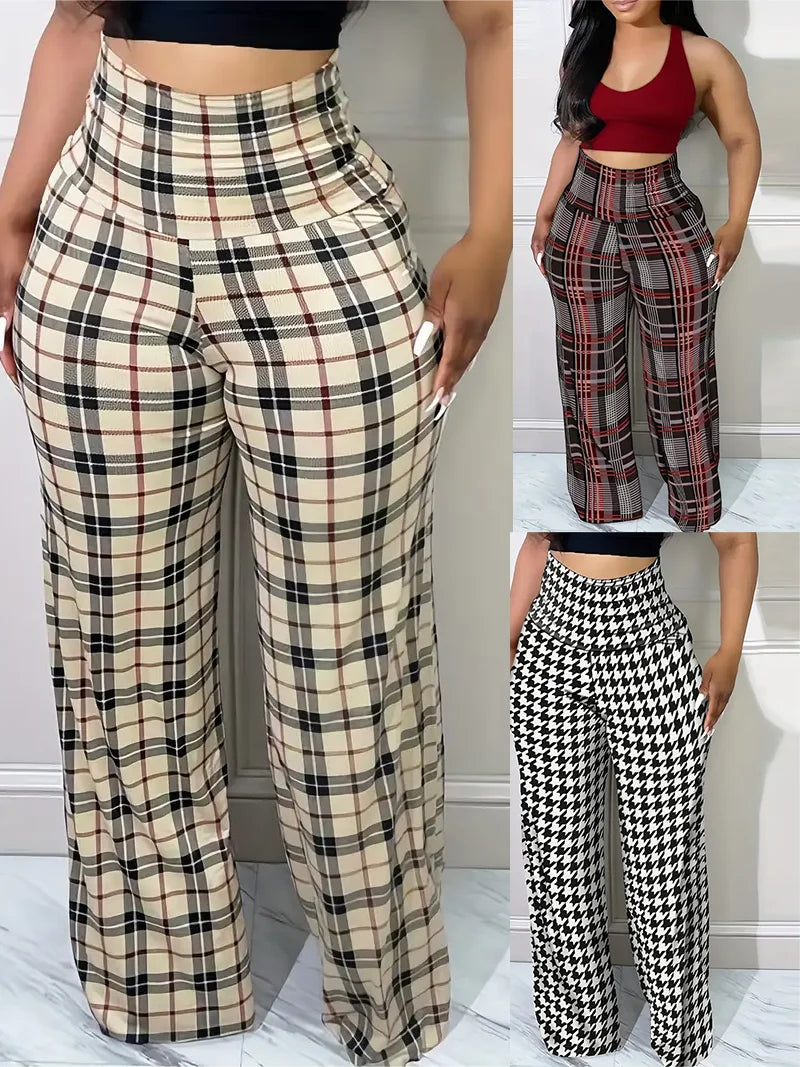 Calça xadrez de perna larga feminina, cintura alta, casual primavera - verão